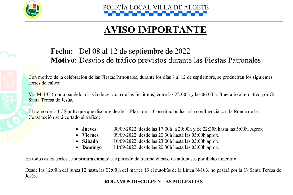Aviso desvios de tráfico durante las Fiestas Patronales 2022